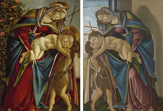 Alessandro Filipepi dit Botticelli et atelier, Vierge à l'enfant et le jeune Saint Jean-Baptiste. / Vers 1490-1495, tempera et huile sur toile, Florence, Galerie des Offices (Palazzo Pitti, Galerie Palatine) / Atelier de Botticelli, Vierge à l'enfant et le jeune Saint Jean-Baptiste. Autour de 1510, huile sur toile, Champigny-en-Beauce © Tous droits réservés