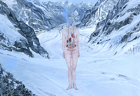 Ylva Snöfrid, The Body with Organs, Cosmos Vanitas, Jungfraujoch, After Noon, 2023-24, huile sur toile, 47 x 41cm